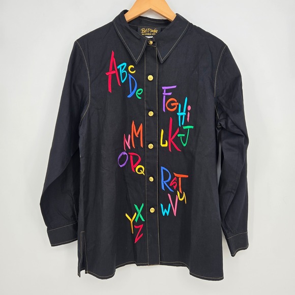 Bob Mackie Tops - Vtg 90s Bob Mackie ABC Alphabet Button-Up Shirt Womens M Teacher School Crayon